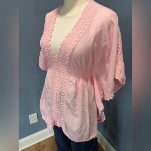 Blanco By Nature Pink Boho Tunic Top M Crochet Trim Made in Peru